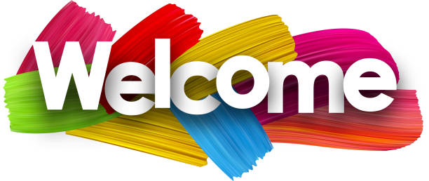 Welcome poster with colorful watercolor brush strokes. Vector paper illustration.